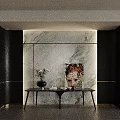 Modern Entryway Console Table And Side Cabinet With Marble Wall Artwork And Decorative Vase