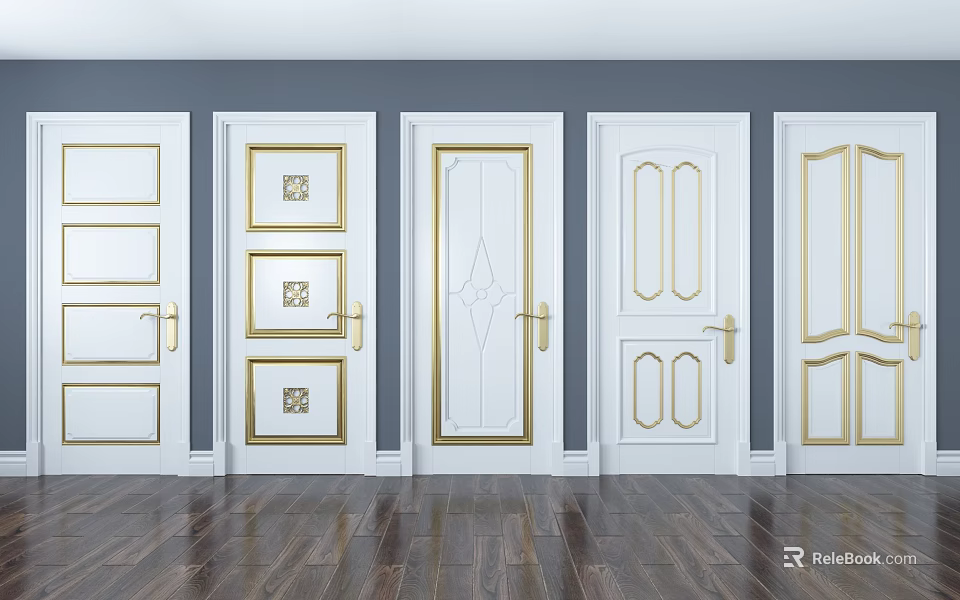 White Flush Doors With Gold Decorative Trim And Various Classic Designs For Interior 3d model 