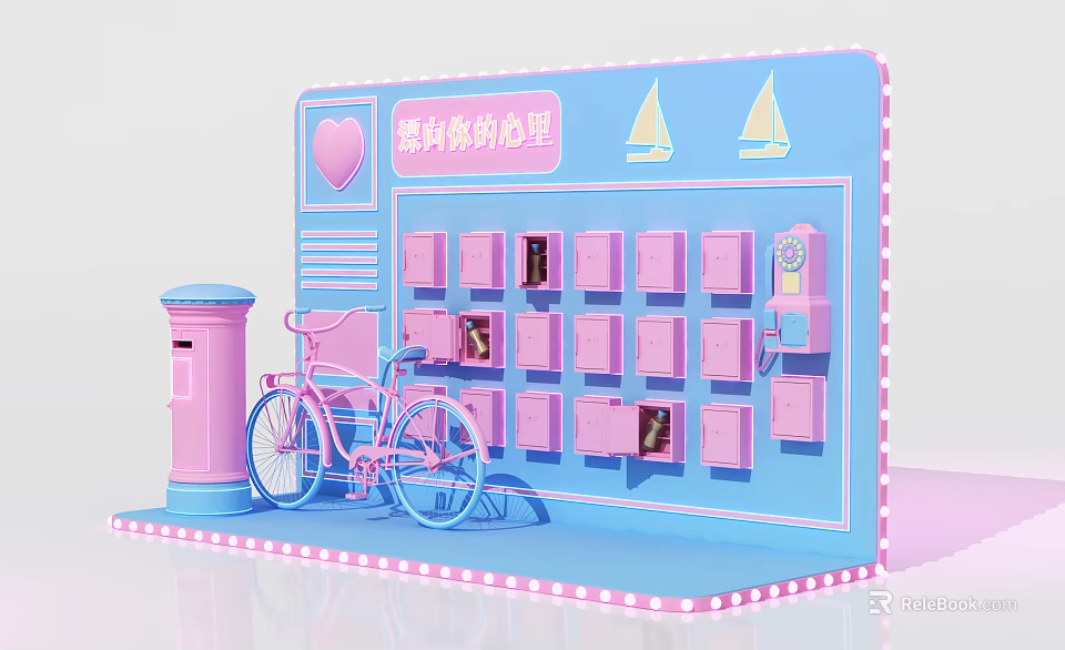 Candy Love House Display With Pink Bicycle Mailbox Blue Grid And Heart Decoration 3d model 