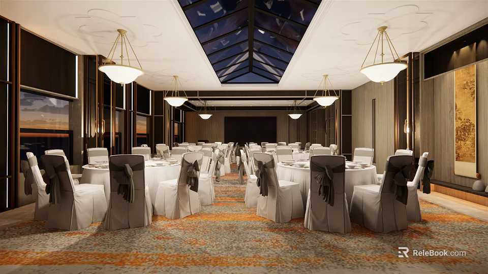 Spacious Elegant Banquet Hall With Tables White Chair Covers Black Bows Chandeliers And Glass Skylight 3d model 