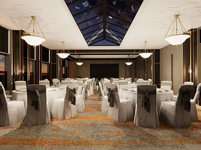 Spacious Elegant Banquet Hall With Tables White Chair Covers Black Bows Chandeliers And Glass Skylight 3d model