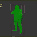 Military Soldier in Camouflage Uniform with Tactical Helmet and Rifle Standing Against Gray Background