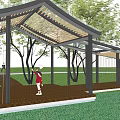 Garden Landscape Featuring Pergola Structure Wooden Platform Trees And Construction Scene