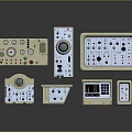 Various Industrial Control Panels With Knobs Buttons Meters And Indicator Lights