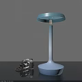 Modern Blue White Gradient Table Lamp with Round Lampshade and Vintage Camera on Black Table