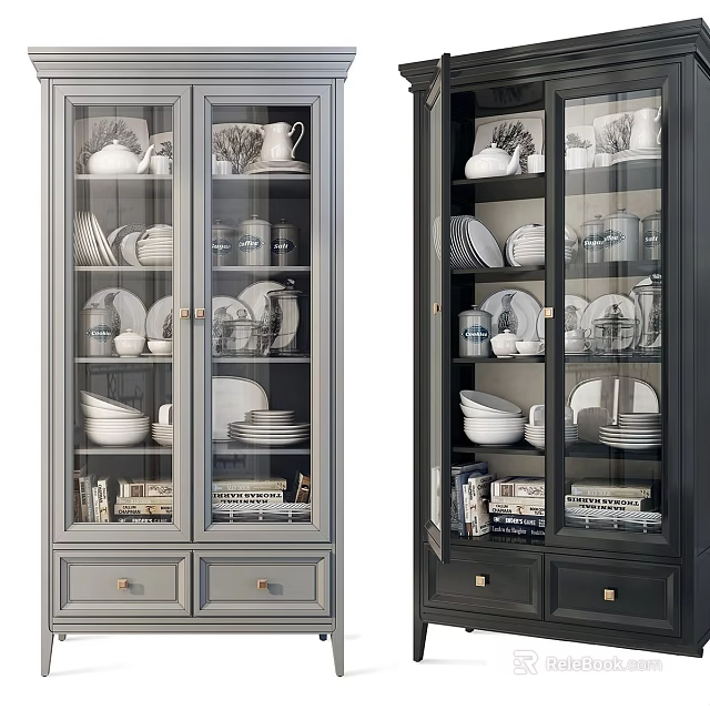 Gray And Dark Gray Glass Door Display Cabinets With Dishes Bowls Plates Cups And Books 3d model 