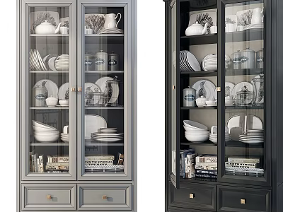Gray And Dark Gray Glass Door Display Cabinets With Dishes Bowls Plates Cups And Books 3d model