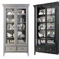 Gray And Dark Gray Glass Door Display Cabinets With Dishes Bowls Plates Cups And Books
