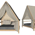 Stylish Wooden Frame Tent Bed with Canvas Curtains and Gray Mattress