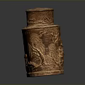 Intricately Carved Brown Container With Landscape Scenery Buildings Detailed Lid And Traditional Artwork