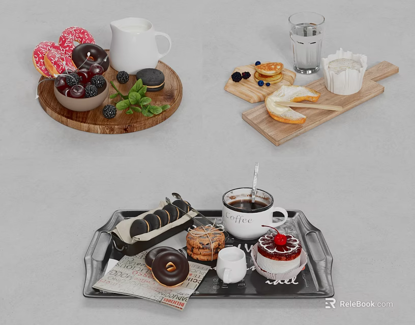Colorful Dessert Platter With Doughnuts Blueberries Macarons Cake And Coffee 3d model 