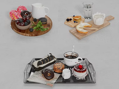 Colorful Dessert Platter With Doughnuts Blueberries Macarons Cake And Coffee 3d model