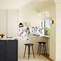 Modern Kitchen Interior Design With White Cabinets Black Island Vase Fruits And Black Bar Stools