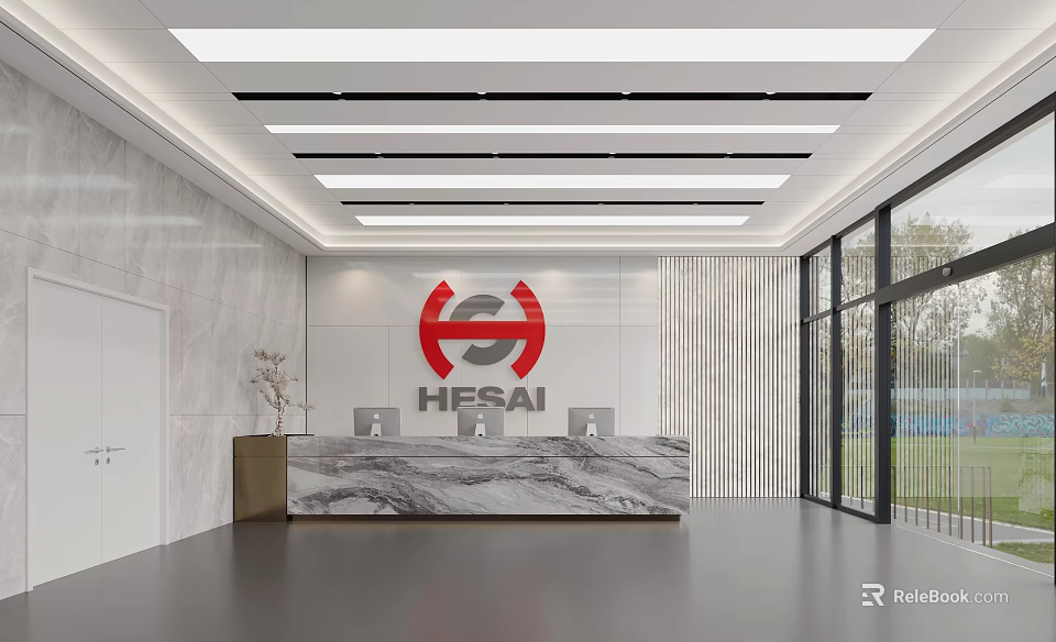 Modern Corporate Office Reception Design With Luxury Marble Counter And Custom Brand Logo On Wall 3d model 
