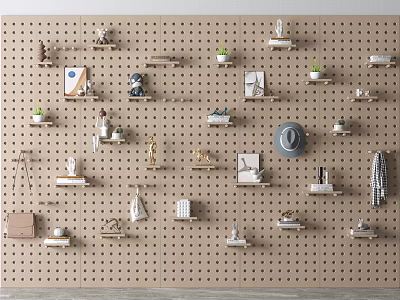 Pegboard Wall Decor With Shelves Decorative Items Small Plants Hat And Photo Frames 3d model