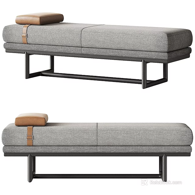 Gray Fabric Sofa Bench With Metal Frame And Leather Strap Decoration 3d model 