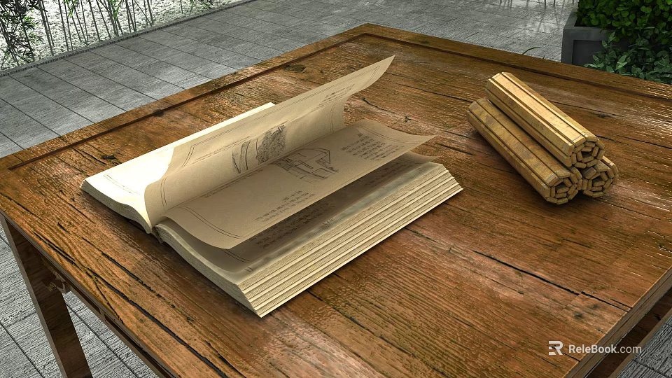 Open Old Book With Drawings On Pages Next To Rolled Bamboo Scrolls On Wooden Table 3d model 