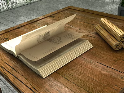 Open Old Book With Drawings On Pages Next To Rolled Bamboo Scrolls On Wooden Table 3d model