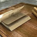Open Old Book With Drawings On Pages Next To Rolled Bamboo Scrolls On Wooden Table