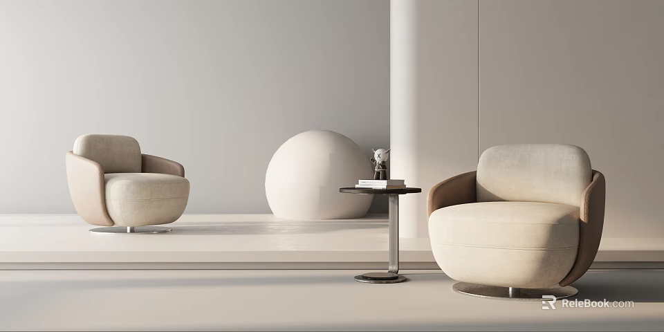 Modern Minimalist Beige Single Sofas with White Spherical Decor and Round Side Table 3d model 