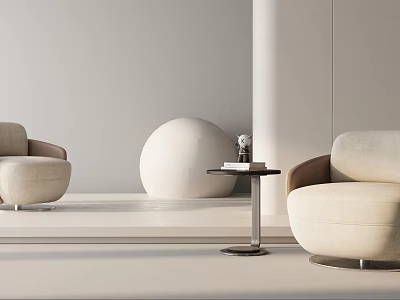 Modern Minimalist Beige Single Sofas with White Spherical Decor and Round Side Table 3d model