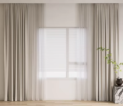 Light Colored Sheer Curtains With Window Blinds And Green Plant In Modern Interior 3d model