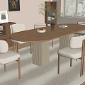 Modern Dining Room With Oval Wooden Table Six Chairs Bookshelf And Natural Light