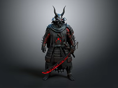A Man In Traditional Samurai Armor With Horned Helmet Holding Red Glowing Blade 3d model