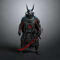 A Man In Traditional Samurai Armor With Horned Helmet Holding Red Glowing Blade