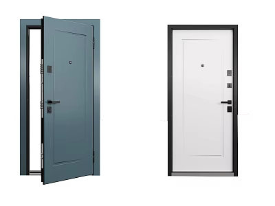 Modern Blue And White Swing Doors With Black Frames Handles And Locks 3d model