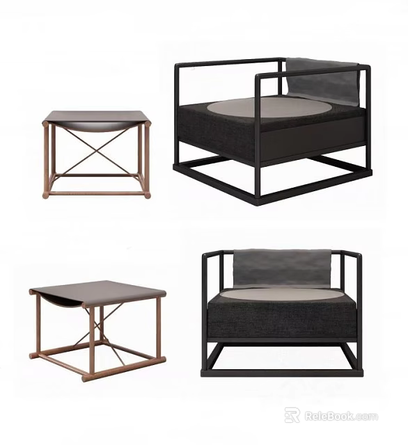 Modern Single Sofa with Metal Frame and Gray Fabric Cushion Paired with Wooden Stool 3d model 
