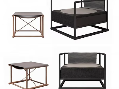 Modern Single Sofa with Metal Frame and Gray Fabric Cushion Paired with Wooden Stool 3d model