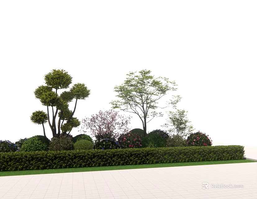 Shaped Shrubs And Trees In Landscaped Garden With Green Lawn And Pathway 3d model 