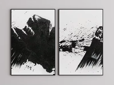 Two Panel Black And White Abstract Painting With Brush Strokes Splatter Effects 3d model