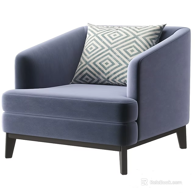 Modern Blue Single Sofa With Geometric Patterned Pillow And Dark Wooden Legs 3d model