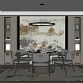 Elegant Chinese Restaurant Interior With Landscape Painting Chandelier Dining Table Chairs Decorative Shelves And Rug