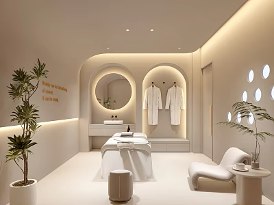 Modern Minimalist Beauty Salon Spa Interior Design With White Robes Mirror Treatment Table And Plants 3d model