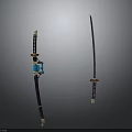 Traditional Samurai Swords With Sheathed Blue Decoration Golden Fittings And Unsheathed Slender Blade