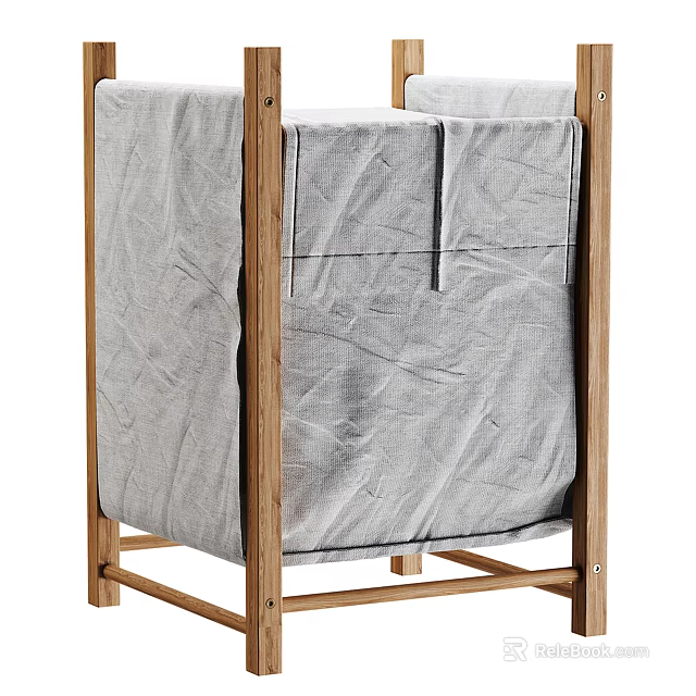 Gray Fabric Covered Washing Machine With Wooden Frame For Home Laundry Use 3d model 
