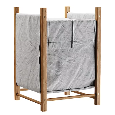 Gray Fabric Covered Washing Machine With Wooden Frame For Home Laundry Use 3d model