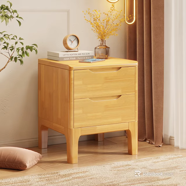 Wooden Bedside Table With Two Drawers Alarm Clock Books And Yellow Flower Vase 3d model 