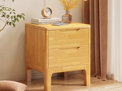 Wooden Bedside Table With Two Drawers Alarm Clock Books And Yellow Flower Vase 3d model