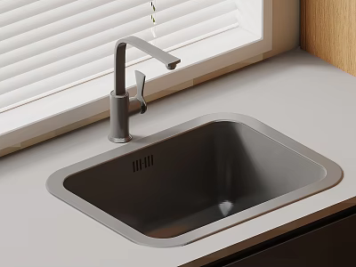 Contemporary Kitchen Sink With Silver Faucet Window Blinds And Light Countertop 3d model