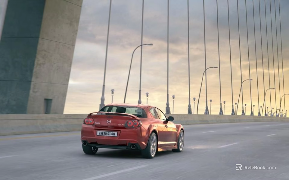 Red Sports Car Driving On Bridge With Street Lamps And Sunset Sky 3d model 