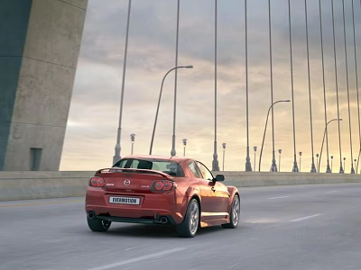 Red Sports Car Driving On Bridge With Street Lamps And Sunset Sky 3d model