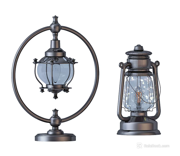 Vintage Metal Table Lamps With Glass Shades And Retro Design Details 3d model 