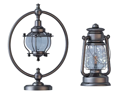 Vintage Metal Table Lamps With Glass Shades And Retro Design Details 3d model
