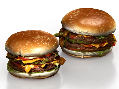 Juicy Hamburgers with Sesame Seed Buns Beef Patties Cheese Lettuce Tomato and Sauce 3d model