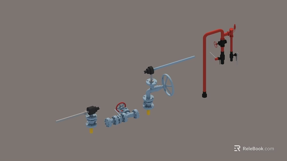 Industrial Plant Pipeline Setup Featuring Red Blue Pipes Valves And Control Components 3d model 