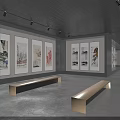 Modern Gallery Interior Design With Displayed Artworks Dark Walls And Wooden Floors